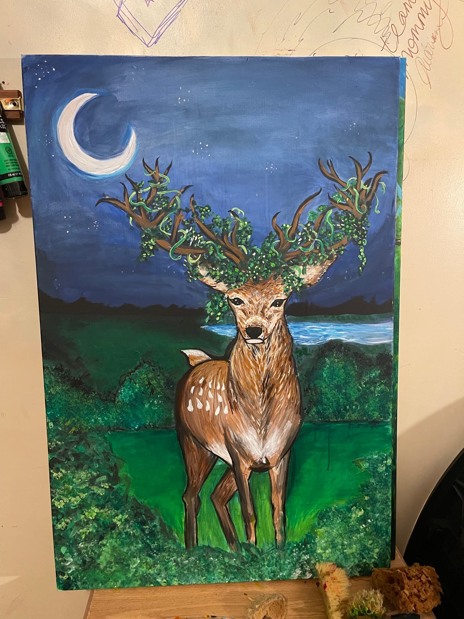 Deer At Night Waterside, an acrylic painting of a deer at the water's edge at night.