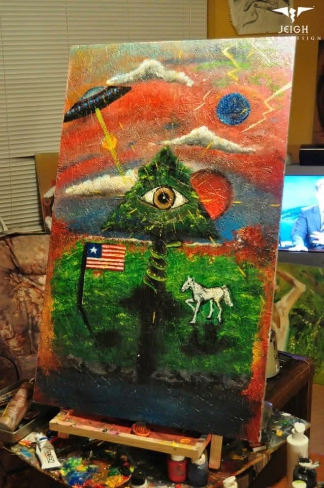 Finished painting on easel in the studio - flag composition.