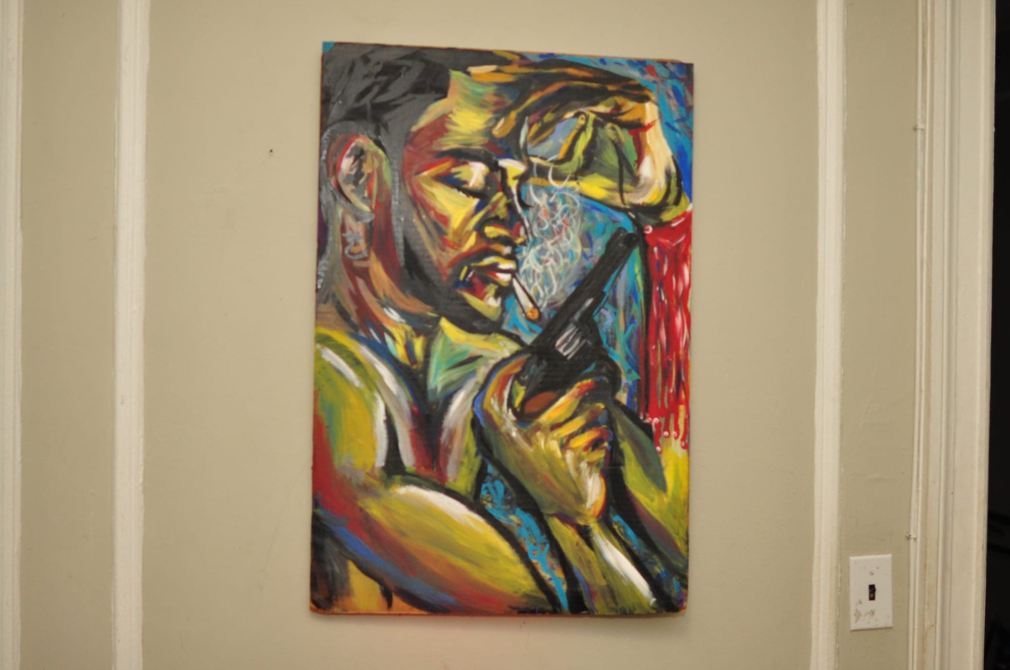 Acrylic painting of a figure holding a gun, bold color and line.