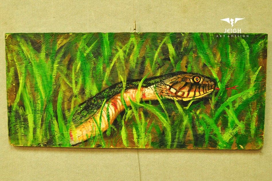 Snake painting with bold color and graphic line work.
