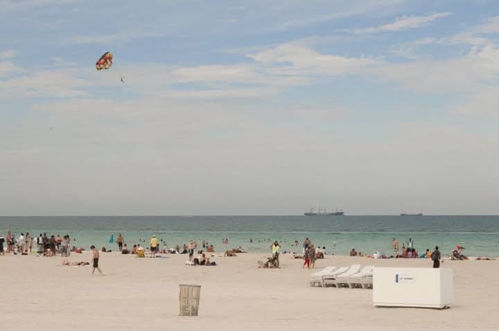 Beach scene, horizon and sand.