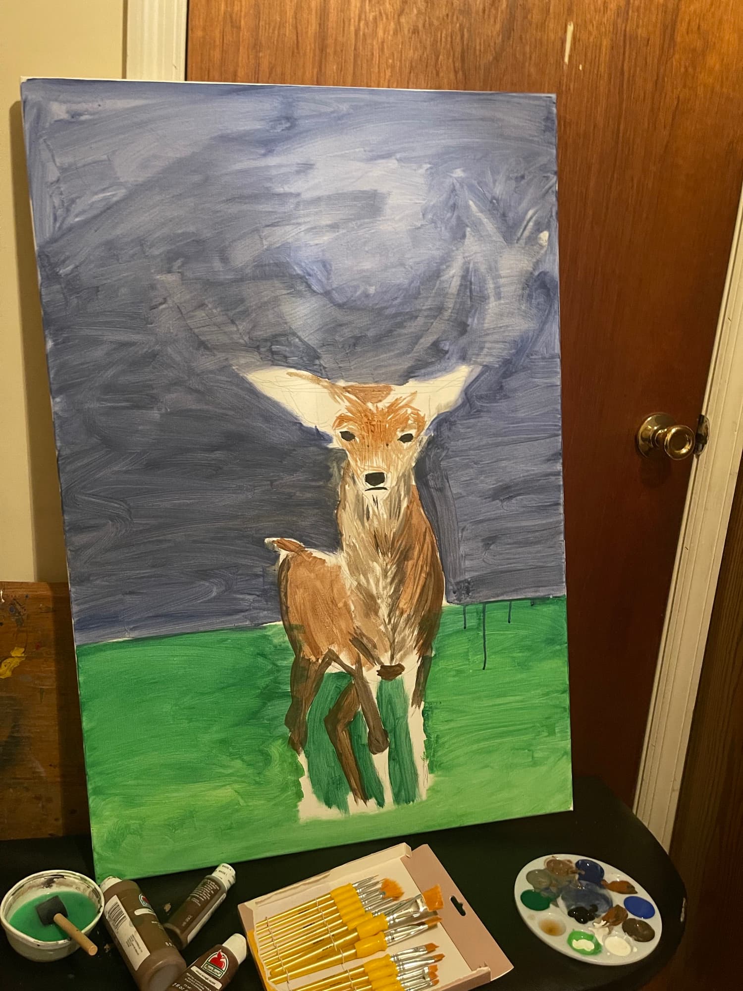 Composition sketch and early blocking for Deer At Night Waterside.