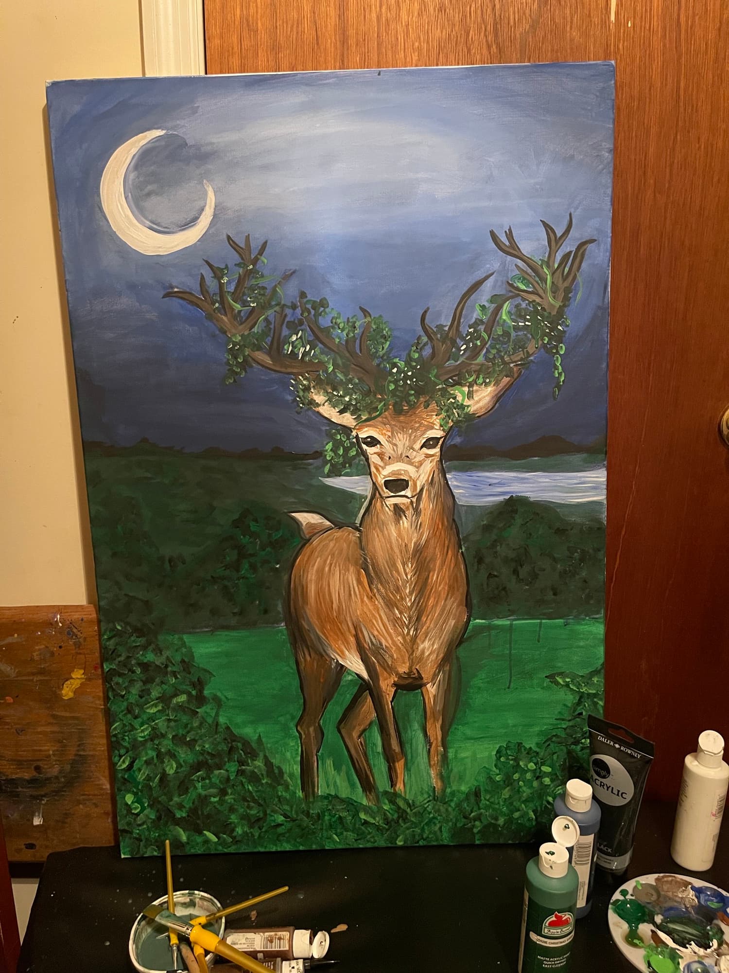 Detail pass on the deer form and shoreline.