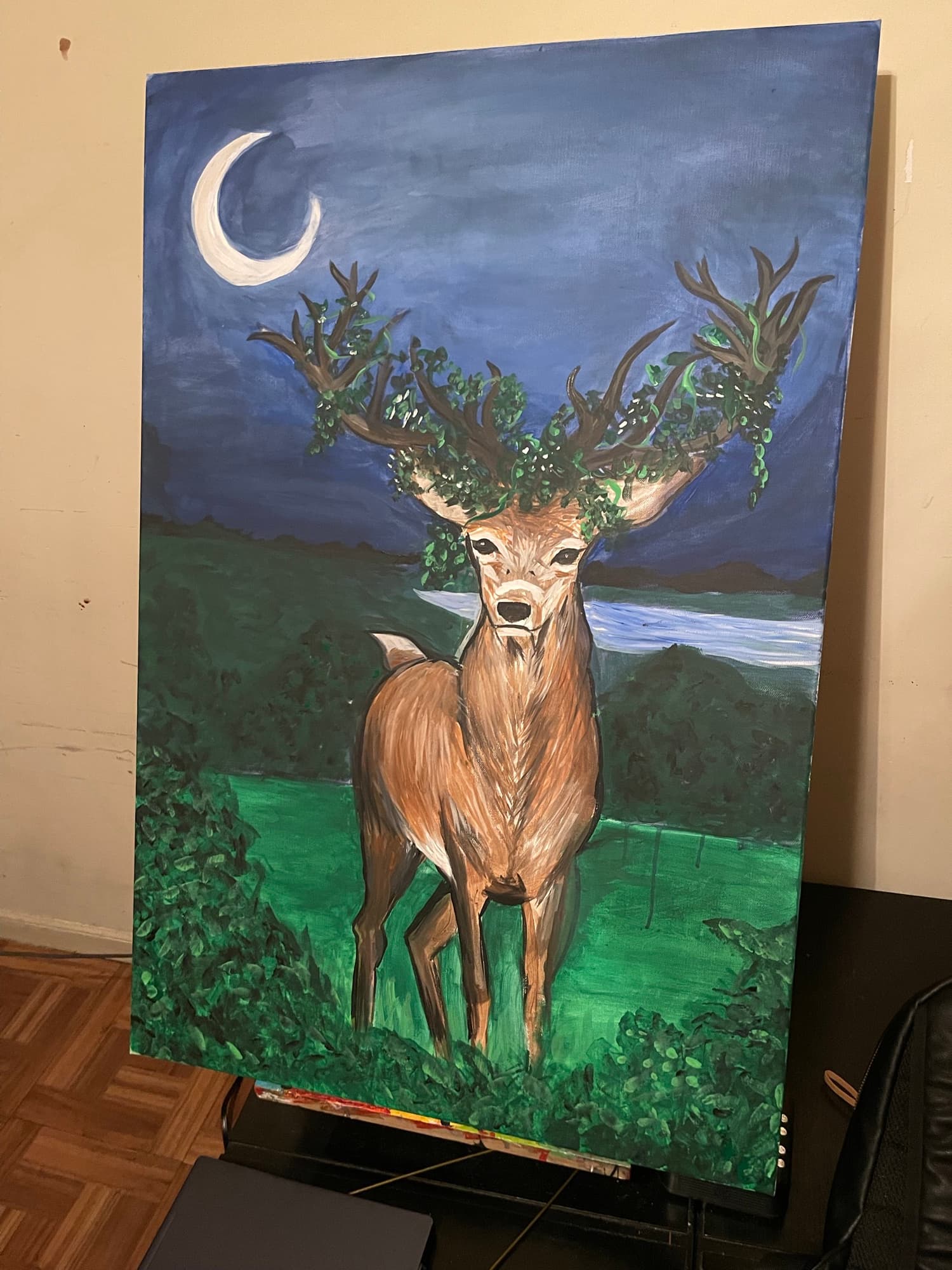 Deer At Night Waterside on the easel in progress.