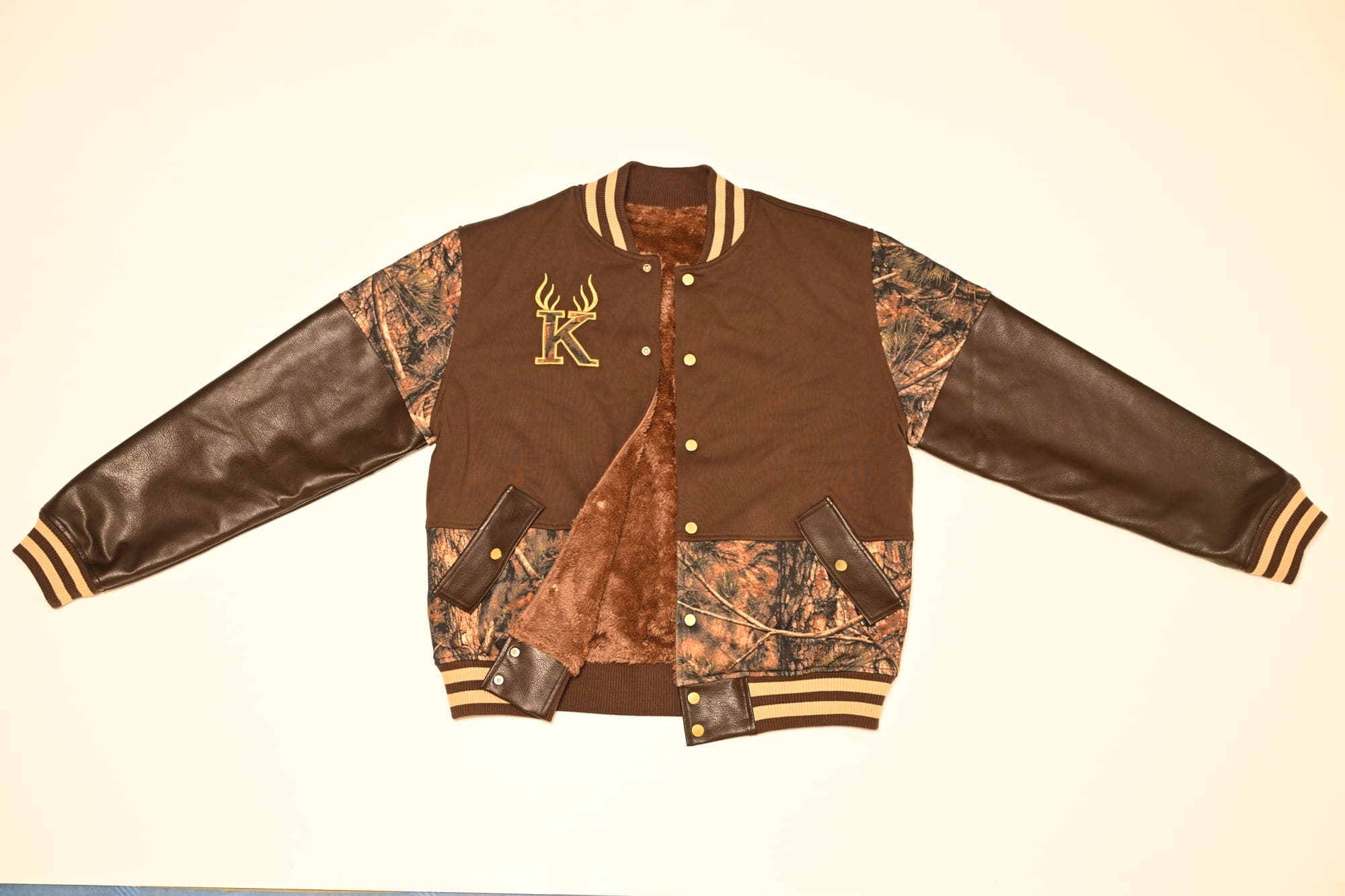 Kamo King varsity jacket front, deer painting print.